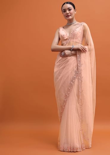 Powder Pink Embroidered Net Saree With Unstitched Blouse