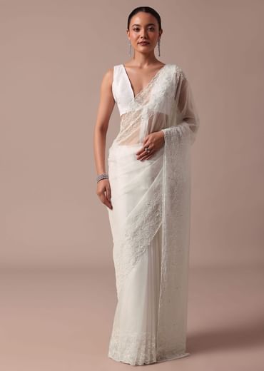 White Organza Saree With Unstitched Blouse
