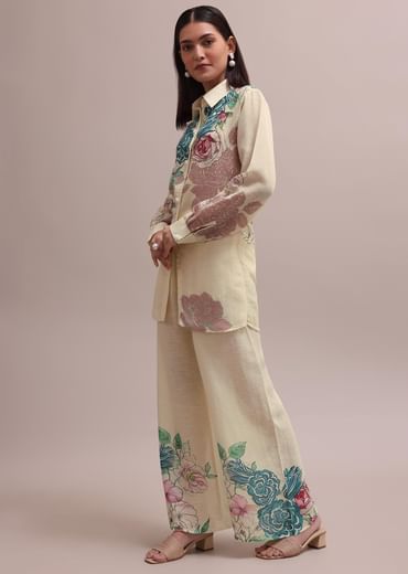 White Linen Floral Stripe Printed Sequin Worked Co-ord Set For Summer