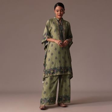 Green Kaftan Sequins Silk Co Ord Set