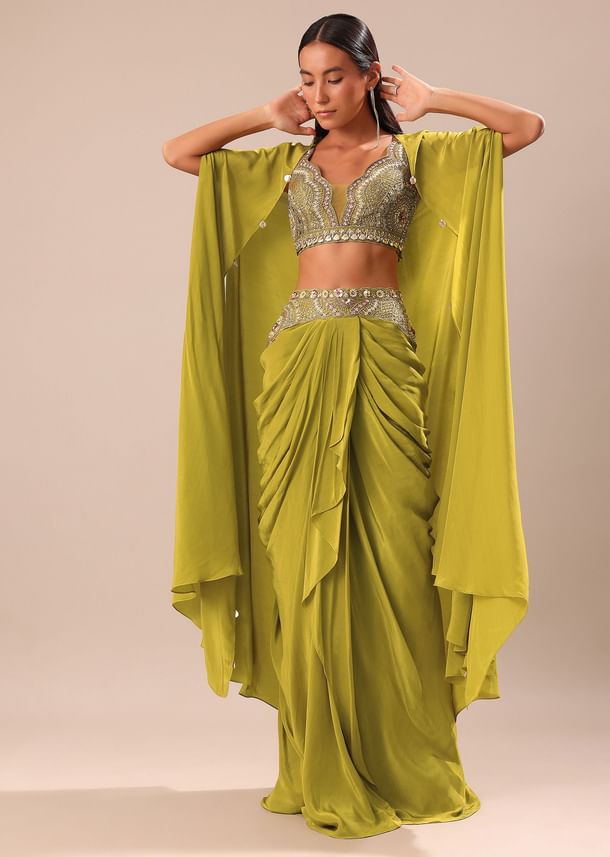 Lime Green Dhoti With Embroidered Blouse And Cape