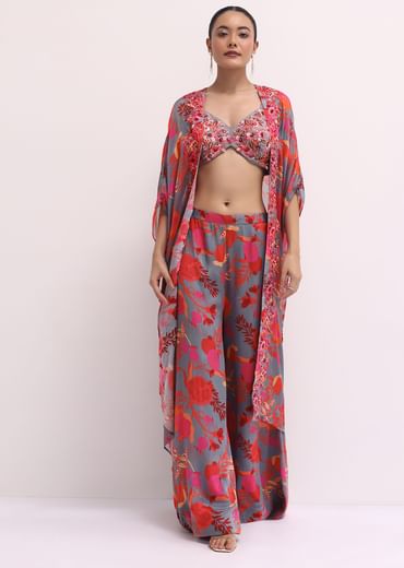 Grey Chiffon Palazzo Set With Jacket