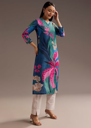 Blue Green Floral Print Beads Embellished Crepe Kurta