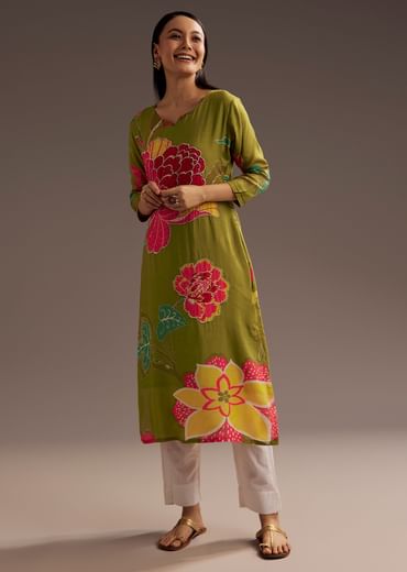 Mehendi Green Floral Print Crepe Kurta With Beads Detailing