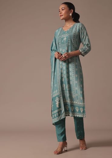 Blue Printed Cotton Kurta Pant Set