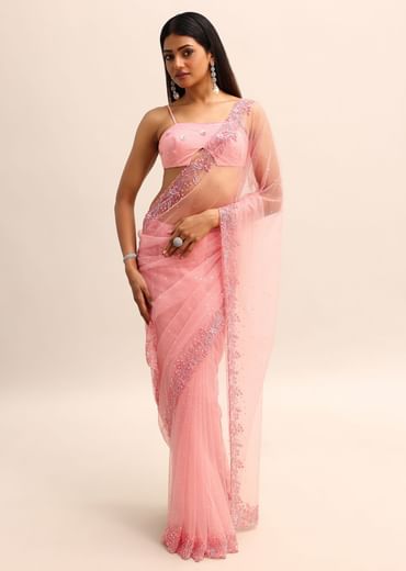 Pink Net Embroidered Saree With Unstitched Blouse