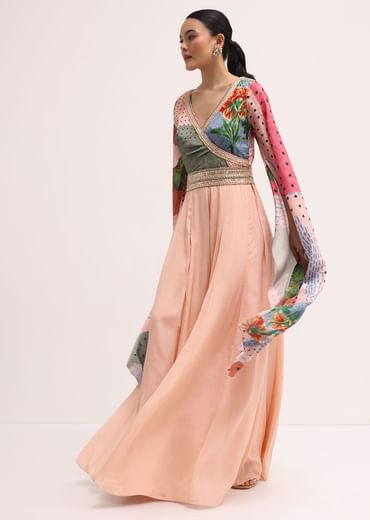 Peach Embroidered Chinon Jumpsuit