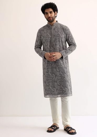 Grey Georgette Sequin Embroidered Kurta Set For Men