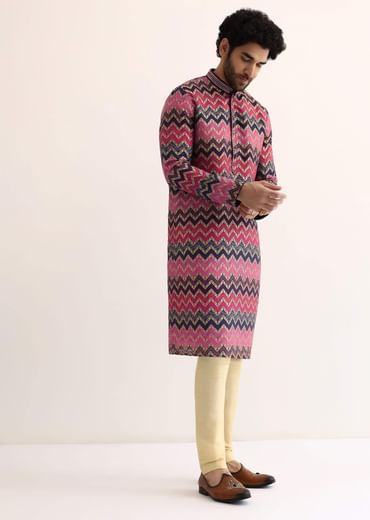 Pink Silk Printed Kurta Set For Men