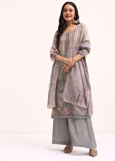 Grey French Knot Chanderi Kurta Palazzo Set