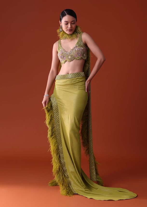 Citrus Green Feathered Dhoti Skirt And Blouse Set