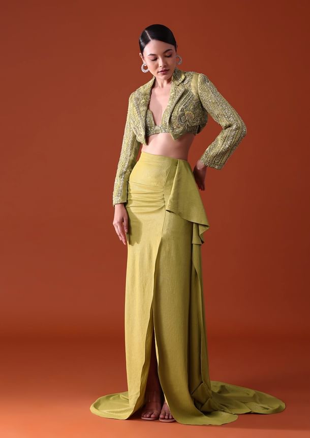Citrus Green Draped Slit Skirt With Embroidered Short Jacket