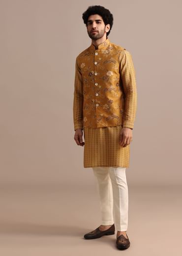 Mustard Yellow Kurta Jacket Set With Floral Cutdana Embroidery