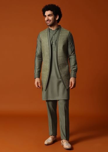 Olive Green Embroidered Kurta Jacket Set For Men