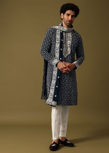 Blue Kurta Pant Set With Dupatta In Resham Work