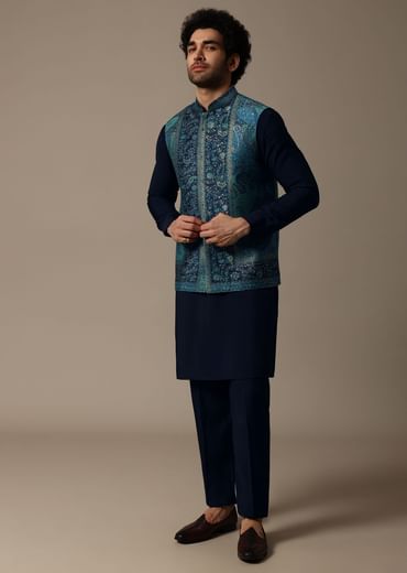 Navy Blue Printed Pashmina Silk Kurta Jacket Set For Men