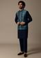Navy Blue Printed Pashmina Silk Kurta Jacket Set For Men