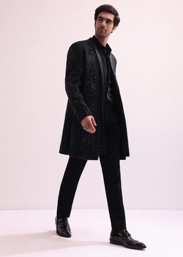 Black Indo Western Lapel Jacket With Shirt And Pant