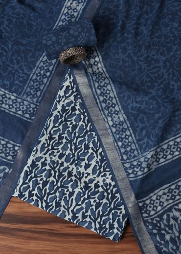 Indigo Blue Cotton Dress Material In Batik Hand Block Print