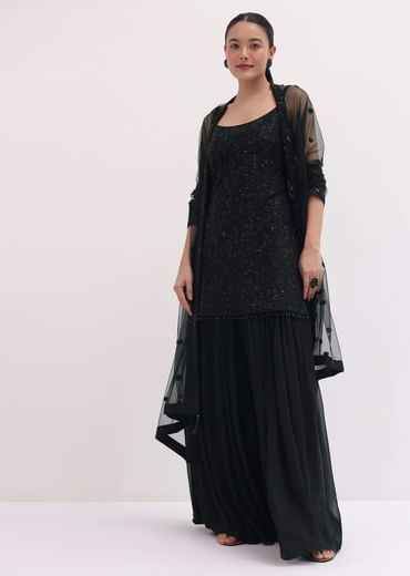 Black Embroidered Net Kurta Palazzo Set