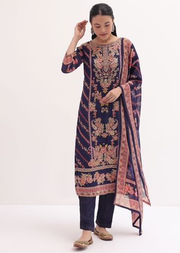 Dark Purple Printed Organza Kurta Pant Set