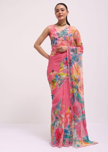 Pink Floral Printed Organza Saree With Unstitched Blouse