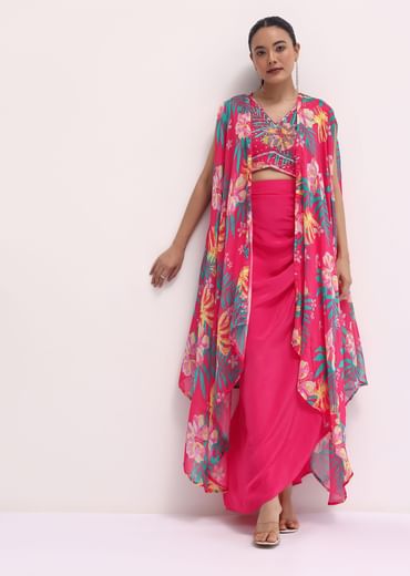 Pink Printed Satin Crop Top And Skirt Set