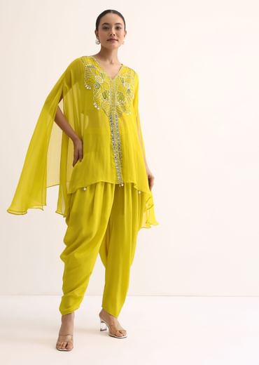 Yellow  Embroidered Organza Crop Top Set With Cape