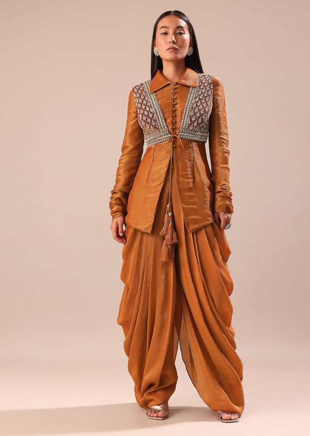 Copper Brown Kurta With Embroidered Jacket And Dhoti Copper Brown Kurta With Embroidered Jacket And Dhoti