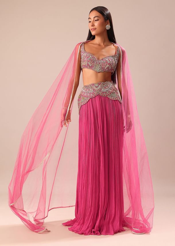 Crimson Red Palazzo With Embroidered Blouse And Cape