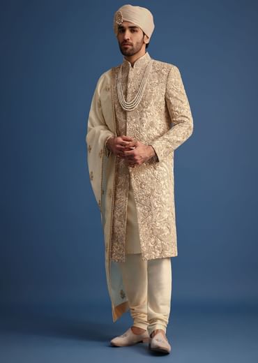 Ivory Sherwani Suit With Beads And Zari Work