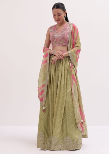 Green And Pink Lehenga With Embroidered Choli And Dupatta