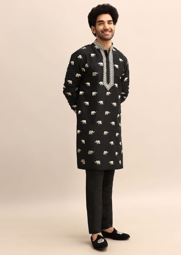 Black Gold Foil Applique Motifs Work Kurta Set