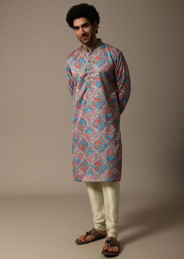 Aqua Blue Printed Silk Kurta Set For Men