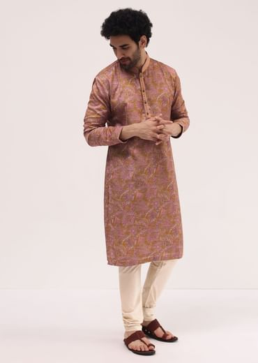 Mustard Yellow Printed Silk Kurta Pyjama For Men