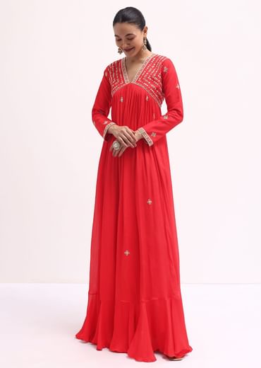 Red Embroidered Chiffon Gown