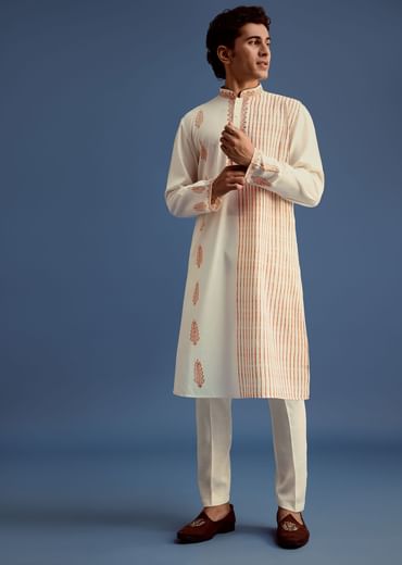 White Hand Block Print Kurta Set With Zari Work