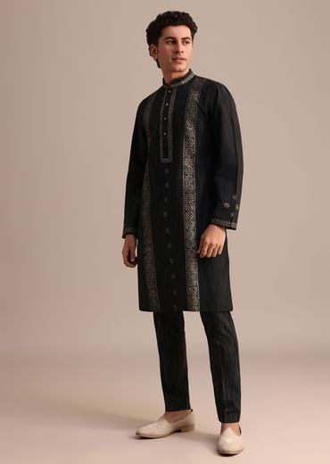 Black Hand Block Printed Kurta Set With Foil Work