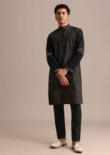 Black Hand Block Printed Foil Work Kurta Set