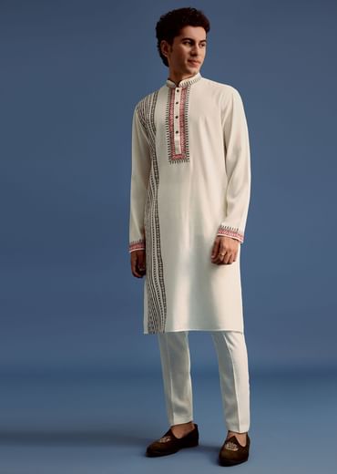 Off White Block Printed Kurta Set With Zari Hand Embroidery