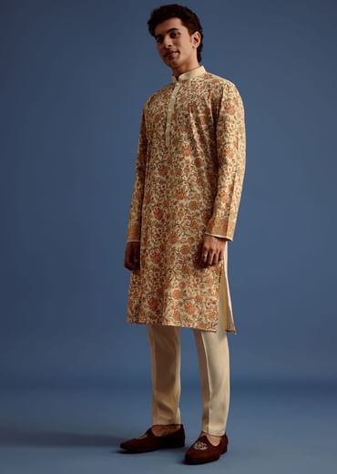 Beige Rayon Floral Block Printed Kurta Set