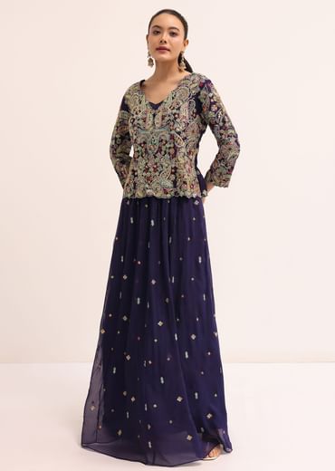 Navy Blue Embroidered Lehenga Set With Jacket