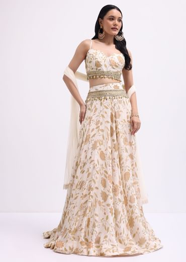 Off White Printed Georgette Lehenga Choli Set