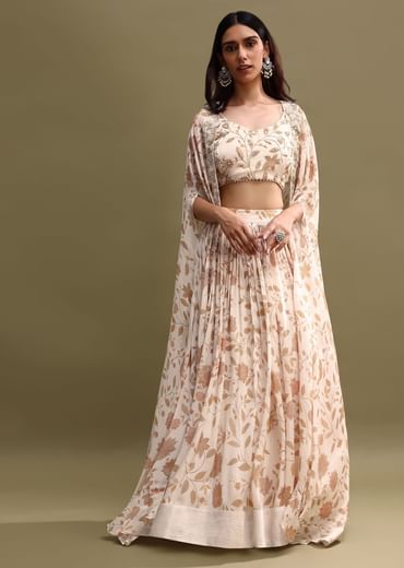 Off White Printed Chiffon Lehenga Choli Set