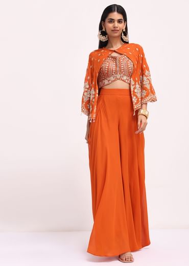 Rusty Orange Palazzo Set With Thread Work Cape