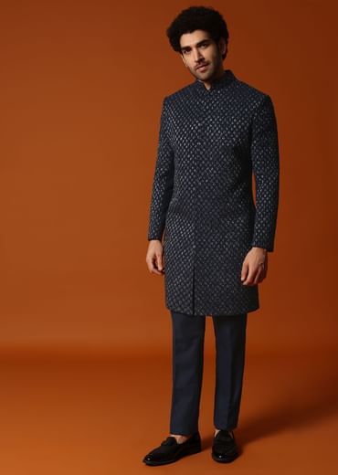 Blue Cutdana Embroidered Indowestern Suit For Men