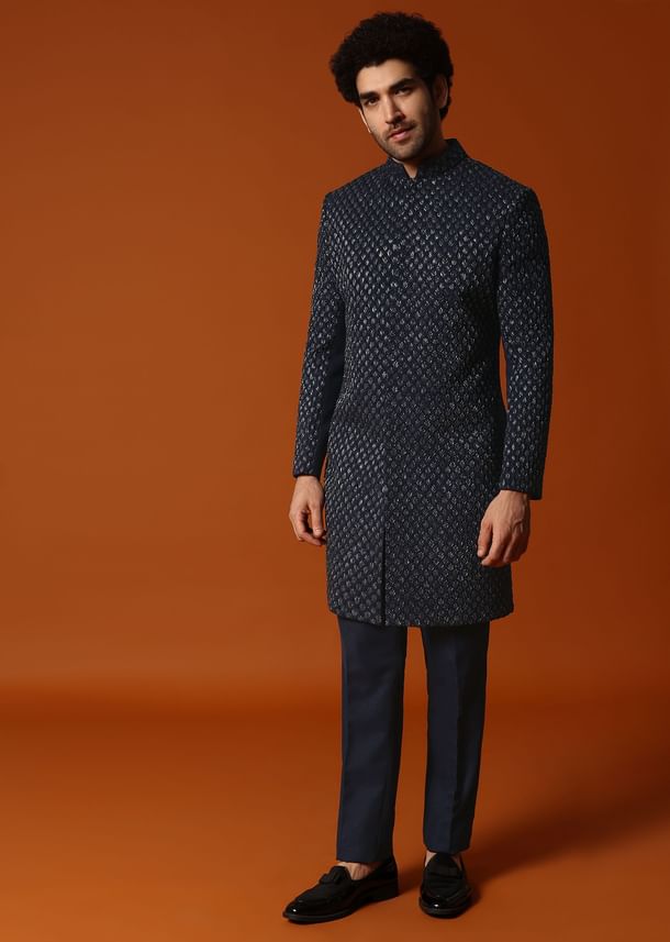 Blue Cutdana Embroidered Indowestern Suit For Men