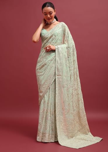Pale Green Embroidered Parsi Gara Saree In Floral Resham Work And Unstitched Blouse