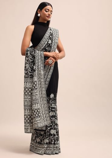 Black Georgette Chikankari Saree With Jaal Work And Unstitched Blouse