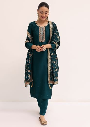 Dark Green Silk Kurta Set With Dupatta
